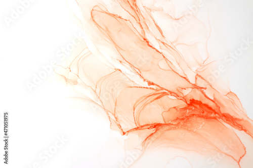 Abstract ocher watercolor on white background. Yellow orange brown paint stains and spots in water, luxury fluid liquid art wallpaper, autumn colors mix