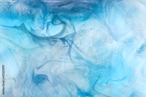 Blue smoke on white ink background, colorful fog, abstract swirling ocean sea, acrylic paint pigment underwater