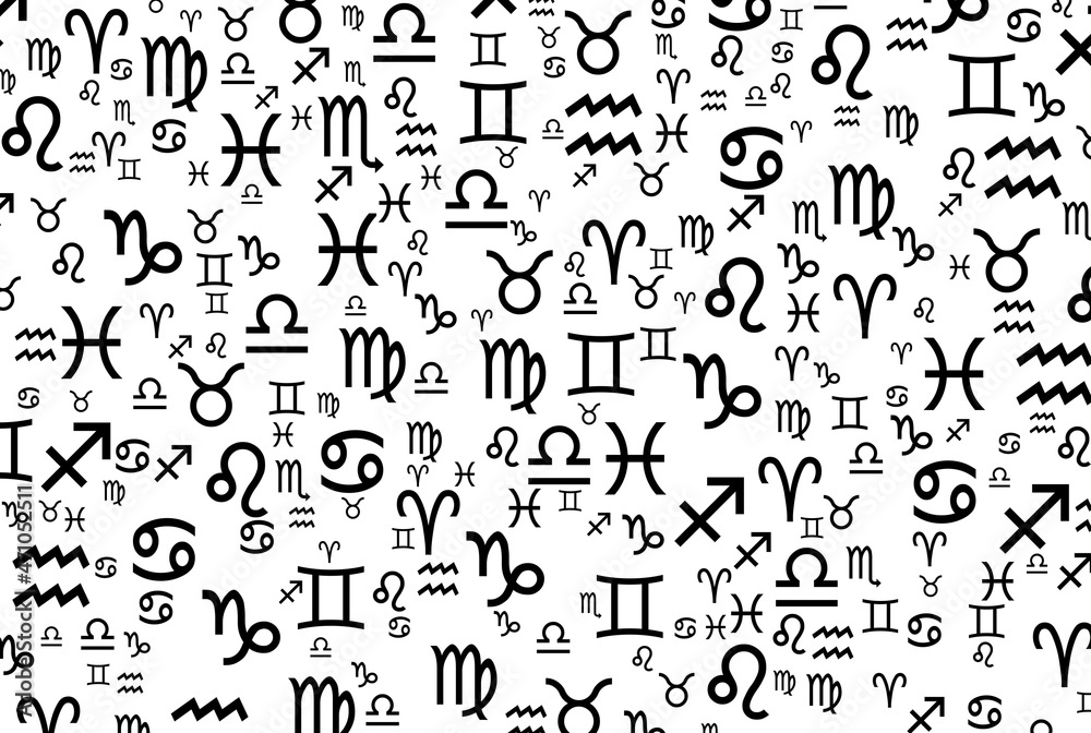 Background, banner and wallpaper for design. Zodiac signs symbols at different angles, chaotic on a white background. Pattern. 3d