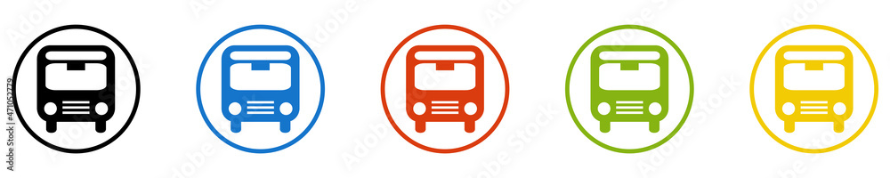 Bunter Banner mit 5 farbigen Icons: Bus, Bushaltestelle, Fernbus, Haltestelle oder öffentlichen Nahverkehr