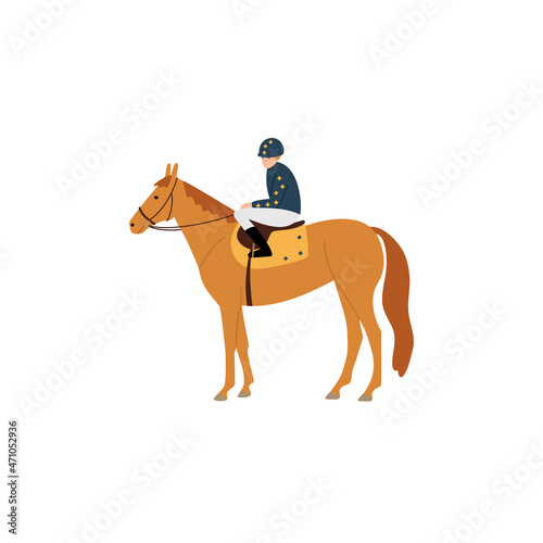 Jockey is sitting on a racehorse, standing still, a simple vector illustration