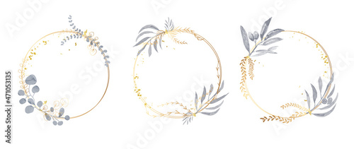 Abstract watercolor floral frame background vector.  Watercolor invitation design with leaves, flower , gold geometric frame and watercolor brush strokes. Vector illustration.
