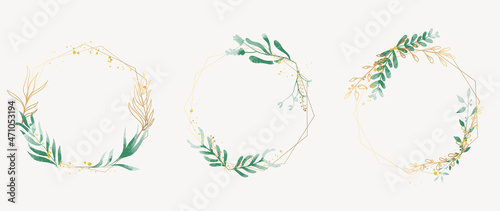 Abstract watercolor floral frame background vector.  Watercolor invitation design with leaves, flower , gold geometric frame and watercolor brush strokes. Vector illustration.
