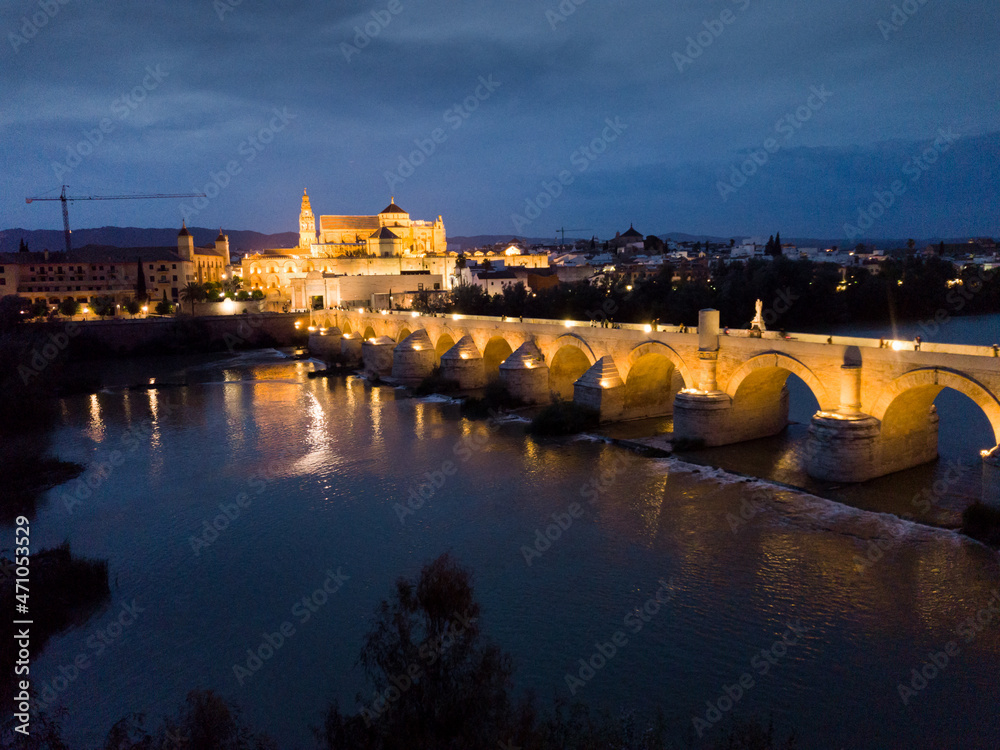 Roman bridge and Mosque-cathedral of Cordoba in night. Spain