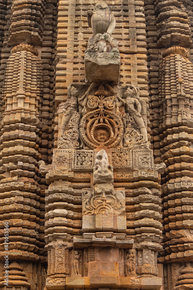Stone sculpture of Lingaraja Temple. Hindu temple dedicated to Shiva, Bhubaneswar, Odisha, India.