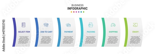 Concept of shopping process with 6 successive steps. Six colorful graphic elements. Timeline design for brochure, presentation, web site. Infographic design layout.