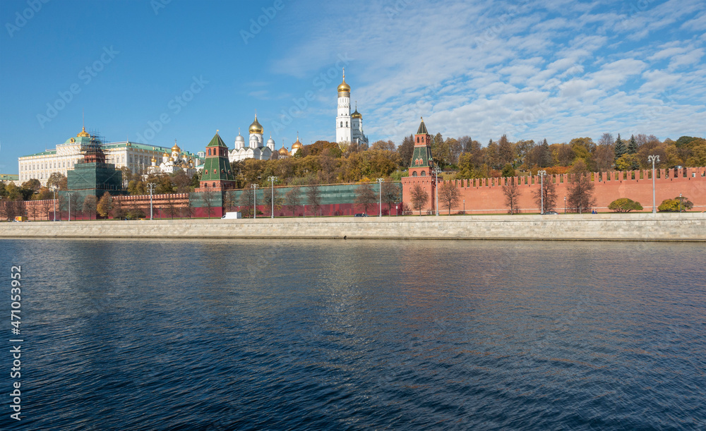 View of the architectural ensemble of the Moscow Kremlin from the Moskva River on an autumn day