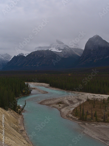 Stunning view over wild Athabasca River in Jasper National Park, Alberta, Canada surrounded by dense coniferous forests with the Rocky Mounaints.