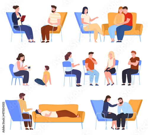 Psychology assist. Childish, individual, group, family psychiatry set vector flat illustration