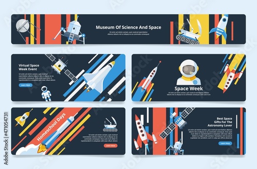 Space week announcement horizontal landing page set place for text vector flat illustration