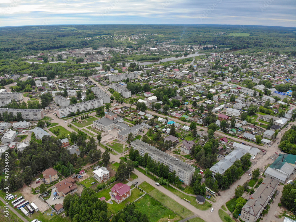 Aerial view of the village in summer in cloudy weather (Murygino, Kirov region, Russia)