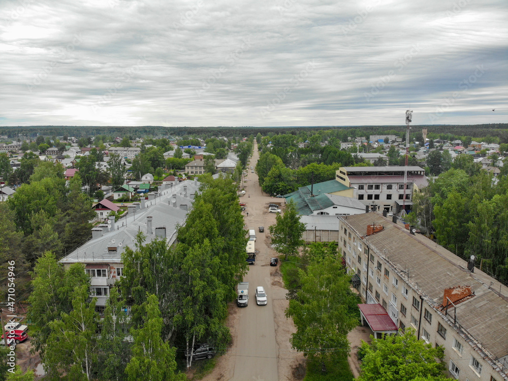 Aerial view of Krasnye Kursantov street in summer (Murygino, Kirovskaya oblast, Russia)