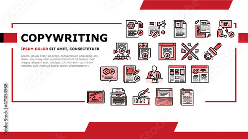 Copywriting Content Strategy Landing Web Page Header Banner Template Vector. Online Copywriting And Public Relations, Typewriter Occupation And Writer Writing Article. Social Media Blog Illustration