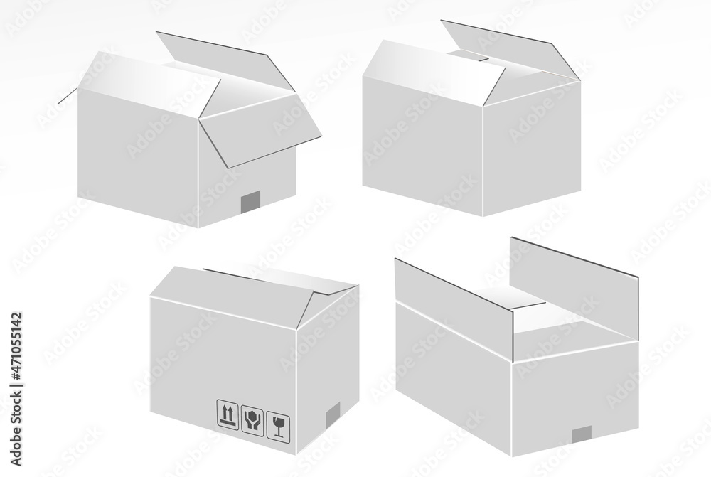 set of realistic white cardboard isolated or mock up fragile packaging or packaging online shop store. eps vector set of realistic white cardboard isolated or mock up fragile packaging or packaging online shop store. eps vector