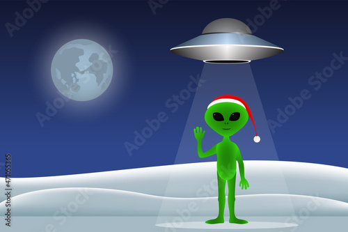 Martian in Christmas red hat. Vector illustration.