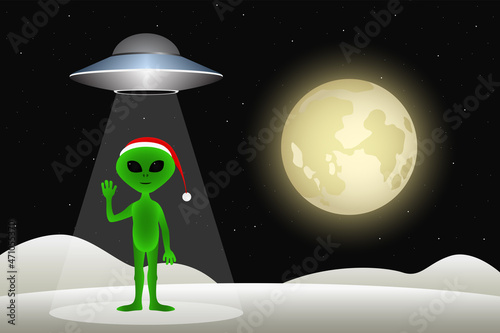 Martian and flying saucer. Christmas. Vector illustration.