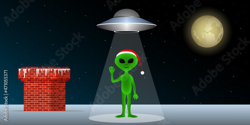 Alien and flying saucer on roof. Christmas eve. Vector illustration.