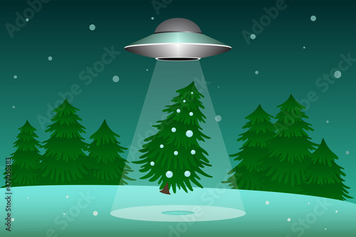 UFO saucer stealing Christmas tree. Vector illustration.