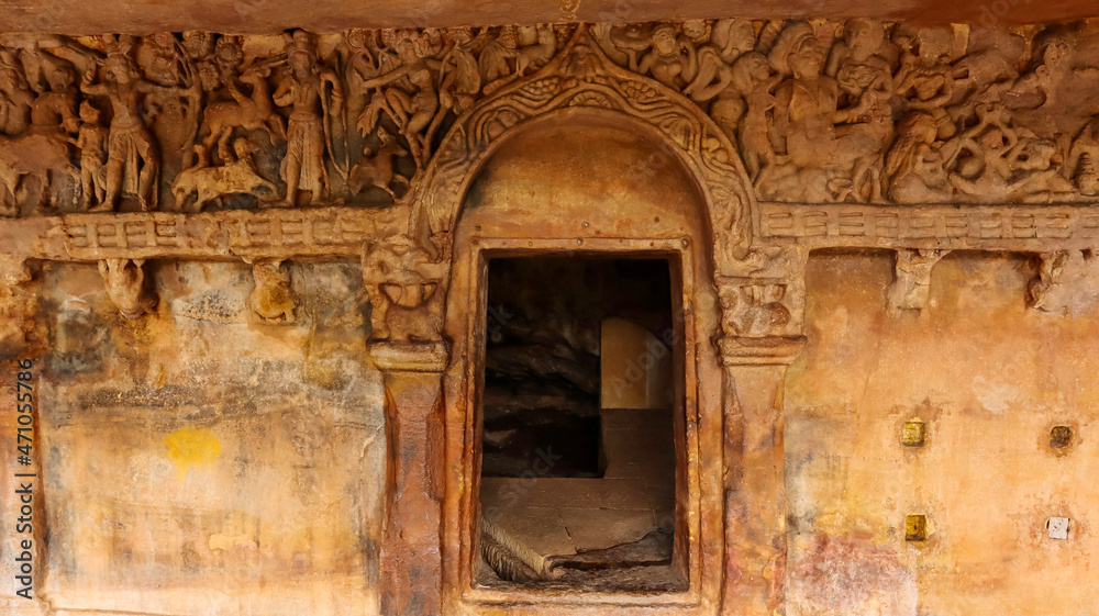 Cave 1 : Rani Gumpha, Queen's Cave. Ramayana scenes carvings on door entrance, Udaygiri caves, Bhubaneswar, Odisha, India. Cave 1 : Rani Gumpha, Queen's Cave. Ramayana scenes carvings on door entrance, Udaygiri caves, Bhubaneswar, Odisha, India.