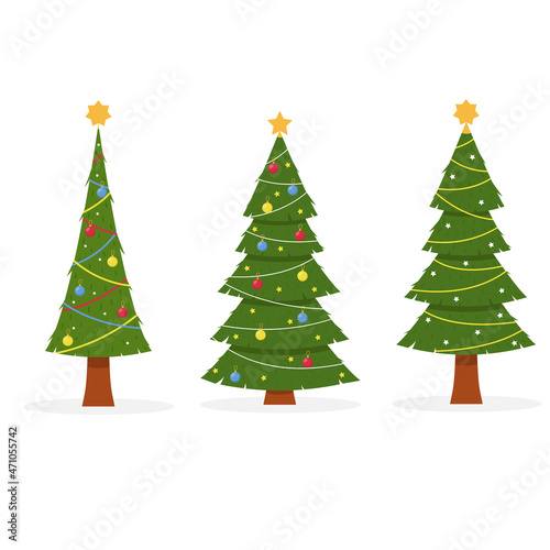 Set of vector decorated Christmas trees. Vector illustration. photo