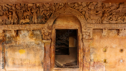 Cave 1   Rani Gumpha  Queen s Cave. Ramayana scenes carvings on door entrance  Udaygiri caves  Bhubaneswar  Odisha  India.