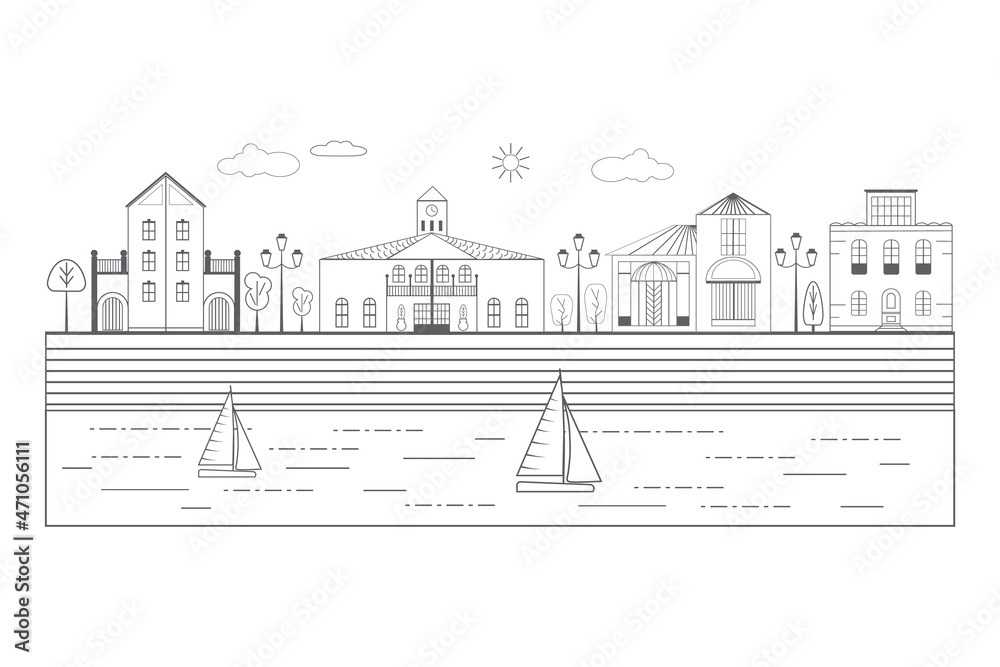 Obraz premium City street with modern houses, villas and a church. Monochrome cityscape with residential houses and shops. Solar panels and attics on the roofs of buildings. Sky with clouds and sun.