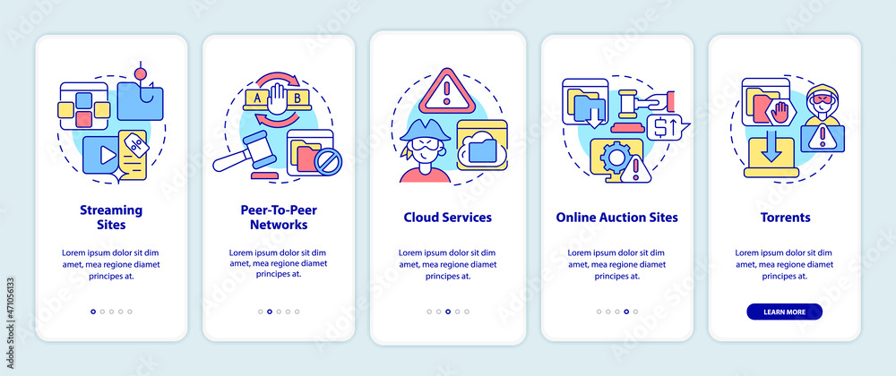 Sources of piracy onboarding mobile app page screen. Peer-to-peer networks walkthrough 5 steps graphic instructions with concepts. UI, UX, GUI vector template with linear color illustrations