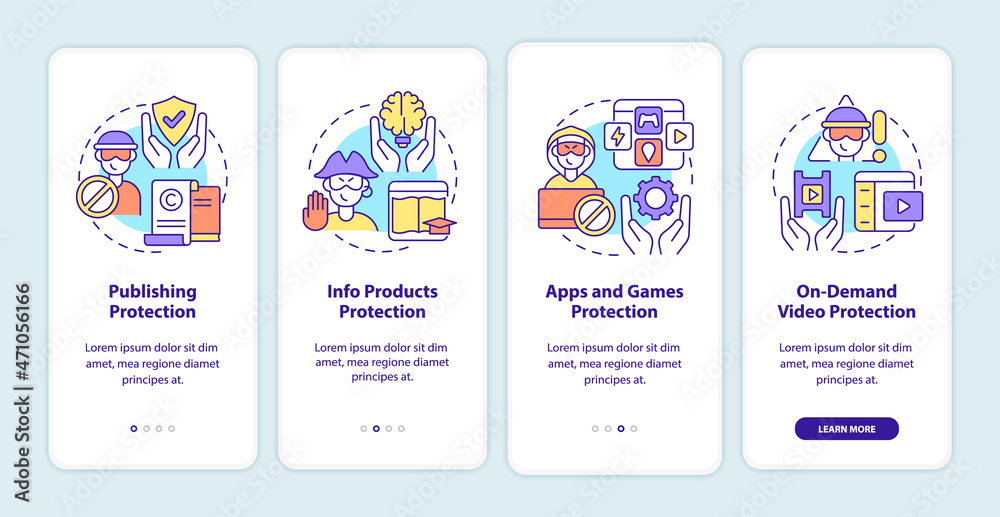 Content to protect from piracy onboarding mobile app page screen. Apps and games walkthrough 4 steps graphic instructions with concepts. UI, UX, GUI vector template with linear color illustrations