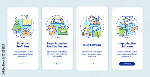 Disadvantages of online piracy onboarding mobile app page screen. Risky software walkthrough 4 steps graphic instructions with concepts. UI, UX, GUI vector template with linear color illustrations