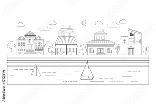 City street with modern houses, villas and a church. Monochrome cityscape with residential houses and shops. Solar panels and attics on the roofs of buildings. Sky with clouds and sun.