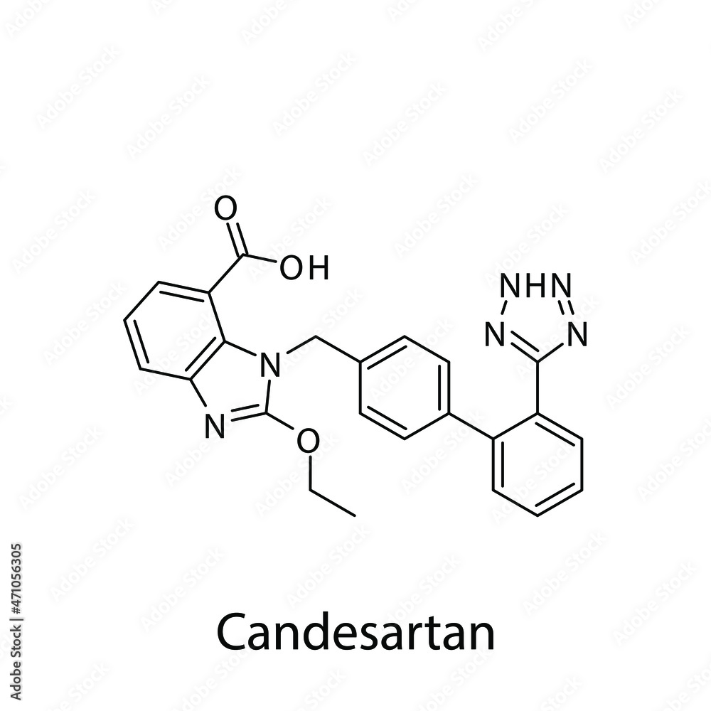 Candesartan molecular structure, flat skeletal chemical formula. Angiotensin receptor blocker drug used to treat Hypertension, Heart failure, CAD. Vector illustration.
