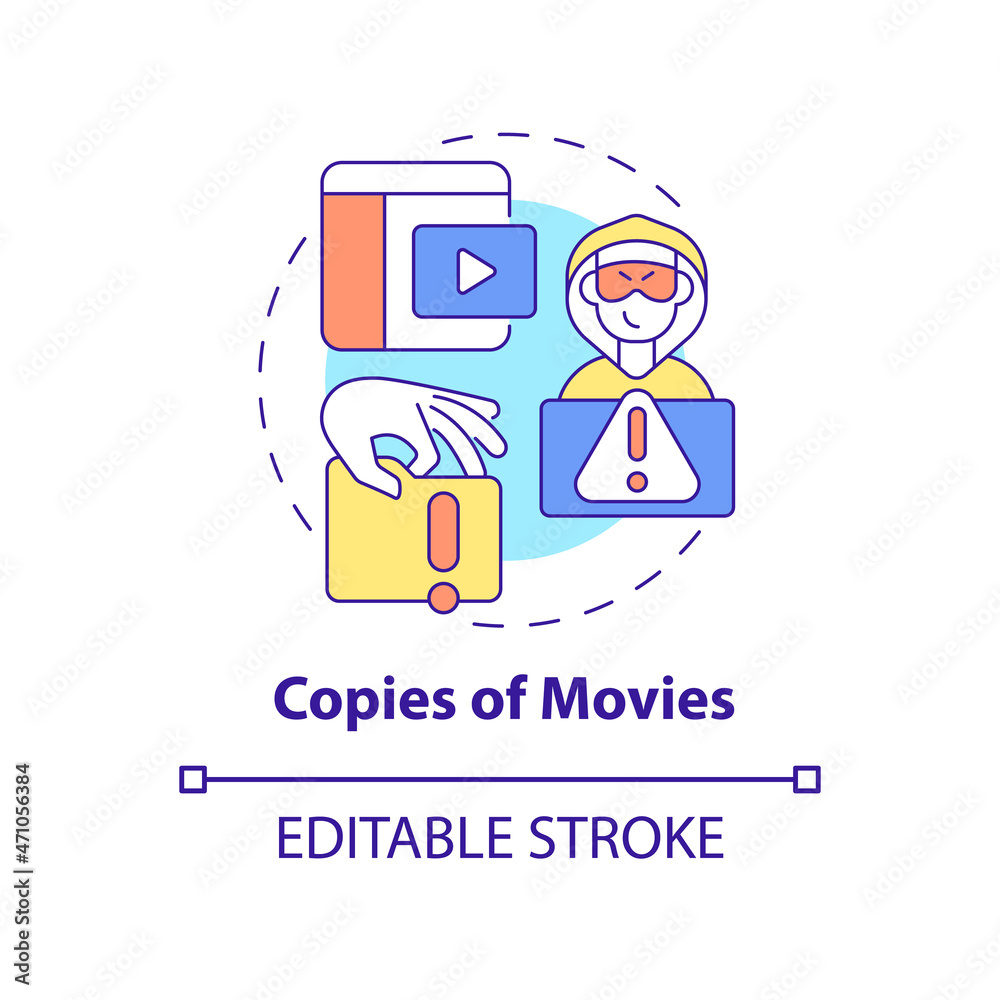 Copies of movies concept icon. Illegal duplication abstract idea thin line illustration. Illicit streaming service. Pirated films. Vector isolated outline color drawing. Editable stroke