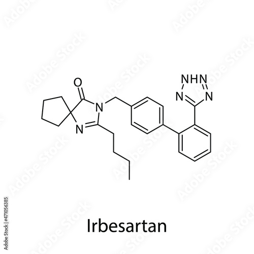 Irbesartan molecular structure, flat skeletal chemical formula. Angiotensin receptor blocker drug used to treat Hypertension, Heart failure, CAD. Vector illustration.