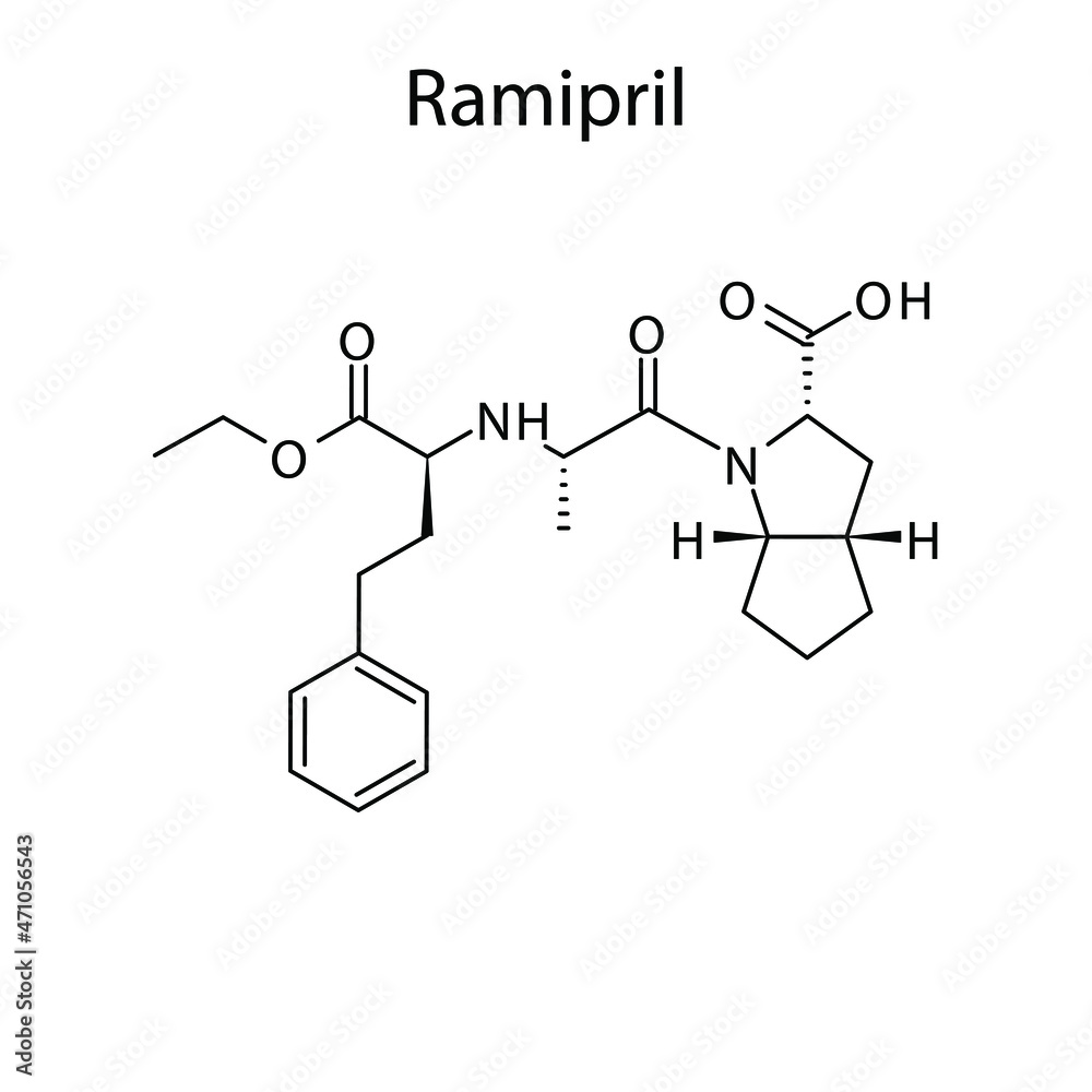 Ramipril molecular structure, flat skeletal chemical formula. ACE inhibitor drug used to treat Hypertension, Heart failure, CAD. Vector illustration. Ramipril molecular structure, flat skeletal chemical formula. ACE inhibitor drug used to treat Hypertension, Heart failure, CAD. Vector illustration.
