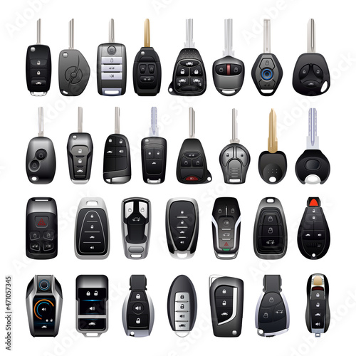 Collection of realistic car keys. Detailed illustrations.