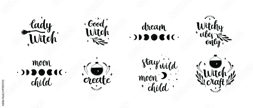 Set of hand drawn compositions about magic and witches. Cute doodle simple illustrations combined with brush calligraphy. 8 vector deigns isolated on white background. For sticker, print, card, etc.