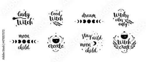 Set of hand drawn compositions about magic and witches. Cute doodle simple illustrations combined with brush calligraphy. 8 vector deigns isolated on white background. For sticker, print, card, etc.