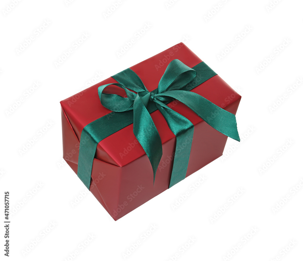 Red gift box with green bow isolated on white Red gift box with green bow isolated on white