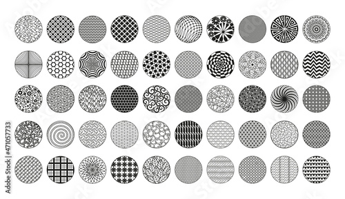 Collection of round backgrounds with abstract patterns. Black and white graphics.