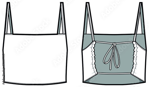 Strappy Crop Top With Tie Back Front and Back View. Fashion Illustration, Vector, CAD, Technical Drawing, Flat Drawing.