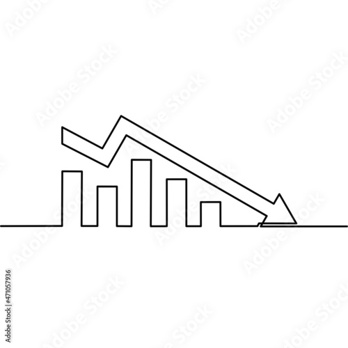 Continuous line drawing of arrow down, decline in business income, growth graph, bar chart, object one line, single line art, vector illustration