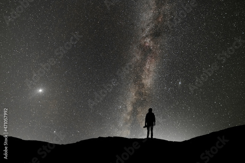 Silhouette of a person in the night. Bright milky way galaxy behind.
