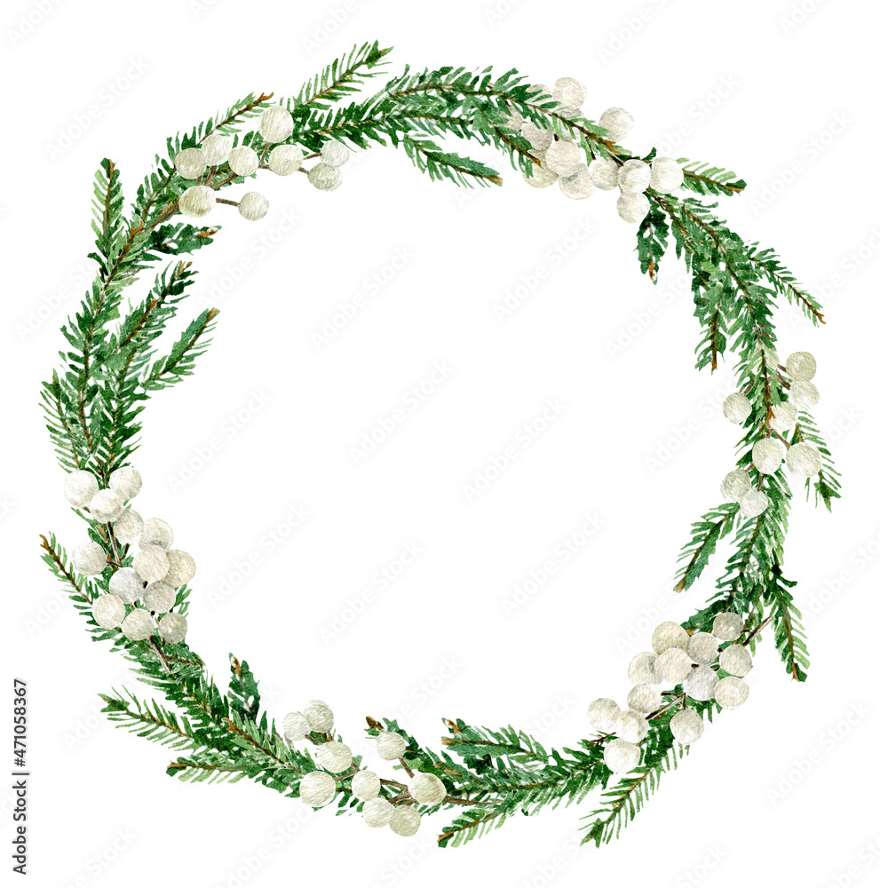 Fototapeta premium Watercolor Christmas wreath with watercolor hand drawn elements, Christmas tree branches and white berries, isolated on white background