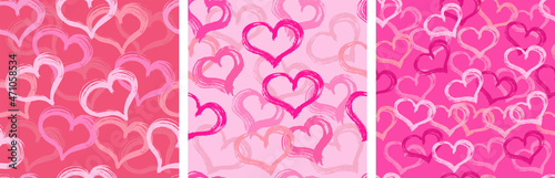 Seamless pattern with hearts on pink background. Hand drawn brush strokes love hearts for St. Valentines day card, cover, wrapping paper, wallpaper or other surface. Vector illustration. Set.