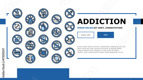 Addiction Substance Dependence Landing Web Page Header Banner Template Vector. Stimulant Drugs And Painkillers Pills, Gambling Game And Alcohol, Tobacco Cigarettes And Marijuana Addiction Illustration
