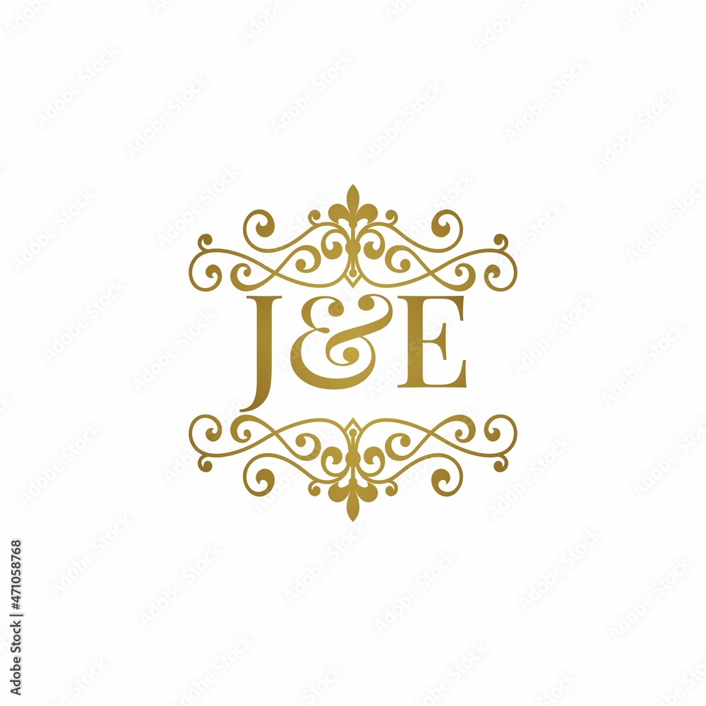 J&E initials logo ornament gold. Letter JE wedding ampersand or