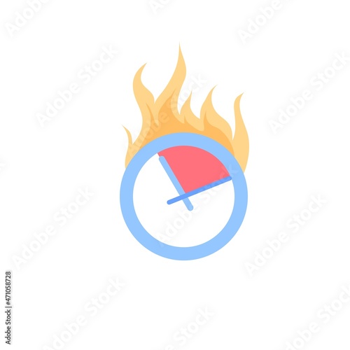 Vector cartoon flat burning clock with red zone isolated on empty background,metaphor for deadline stress situation-workflow optimization concept,web site banner ad design