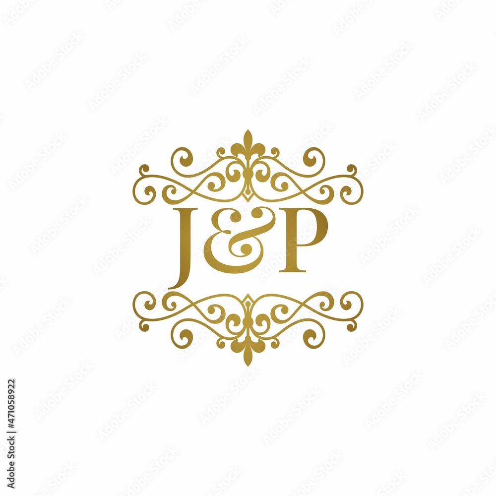J&P initials logo ornament gold. Letter JP wedding ampersand or ...