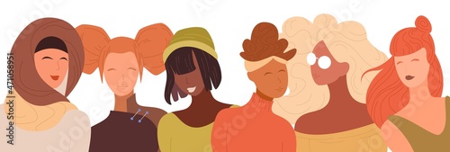 Women of different nationalities and cultures strong together. Banner card for international woman day 8 march. Concept of friendship and union of feminists or sisterhood. Vector isolated illustration