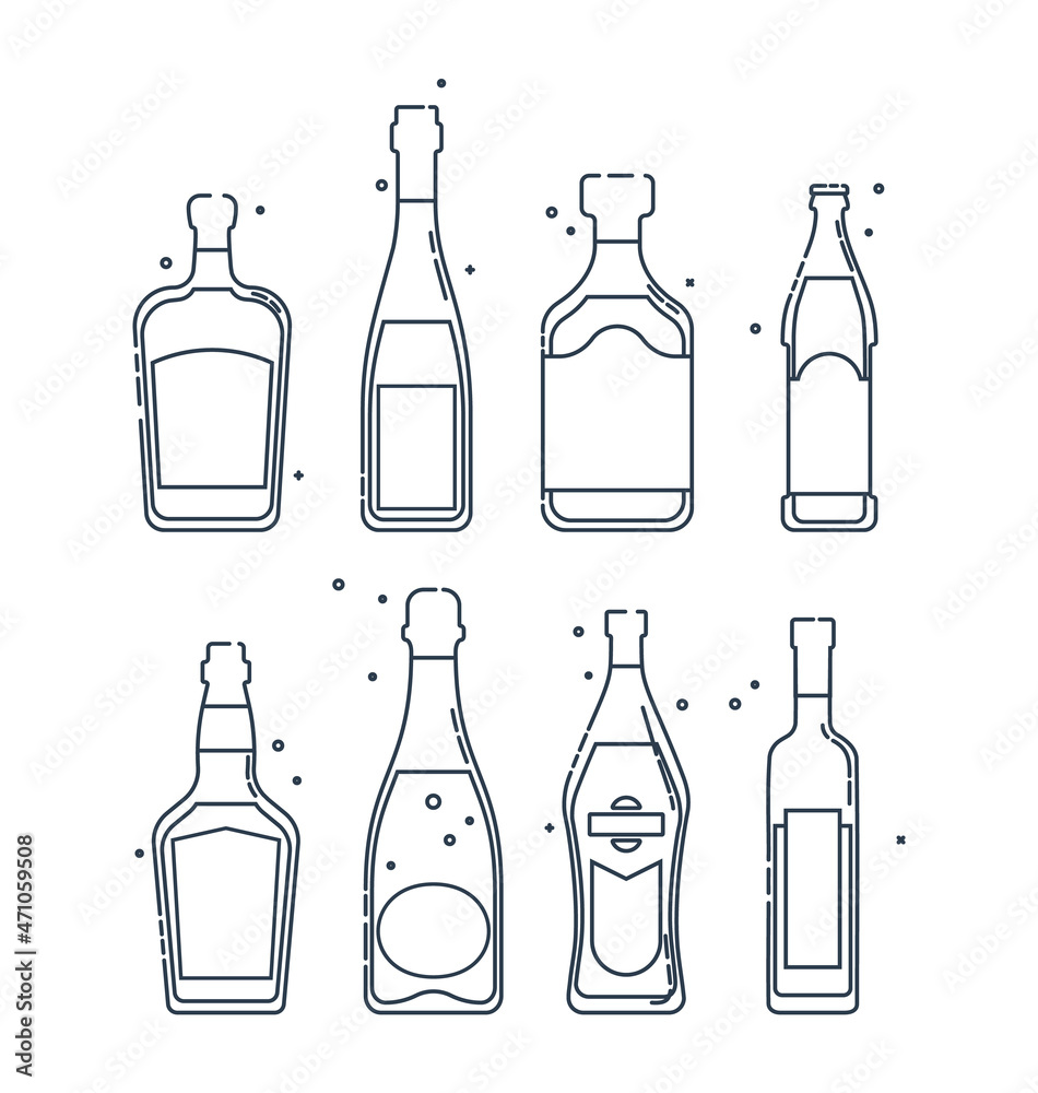 Bottle liquor wine rum beer whiskey champagne vermouth vodka line art in flat style. Restaurant alcoholic illustration for celebration design. Beverage outline icon. Isolated on white backdrop Bottle liquor wine rum beer whiskey champagne vermouth vodka line art in flat style. Restaurant alcoholic illustration for celebration design. Beverage outline icon. Isolated on white backdrop